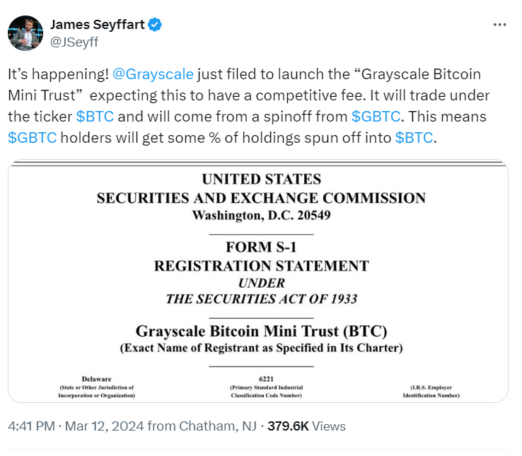 Grayscale Bitcoin Mini Trust Announcement Tweet