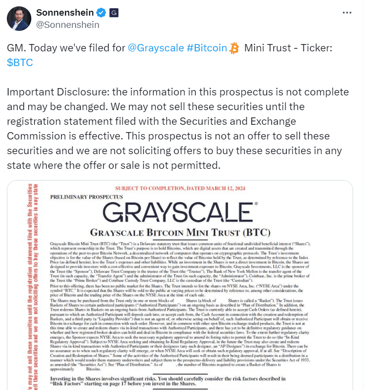 Grayscale CEO Michael Sonnenshein About Bitcoin Mini Trust Filing