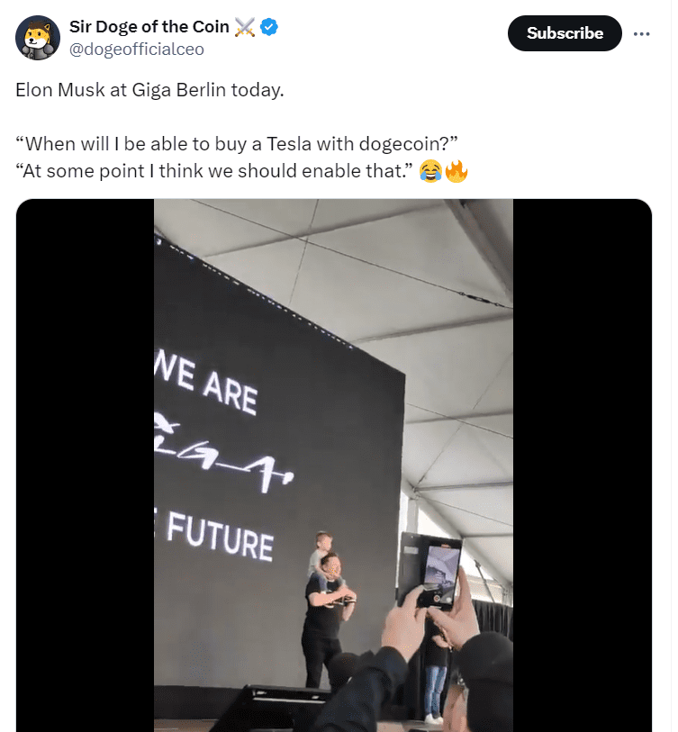 Musk Hints Dogecoin for Tesla - Giga Berlin Event