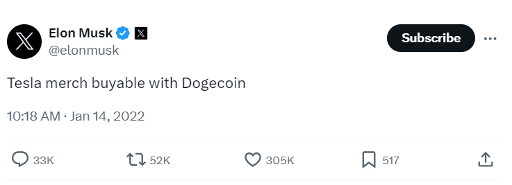 Elon Announces Tesla Merch Now Buyable with Dogecoin