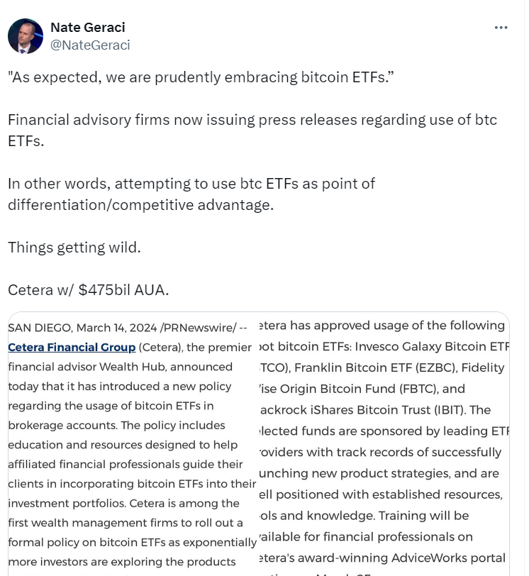 Nate Geraci Tweet on Bitcoin ETF Adoption