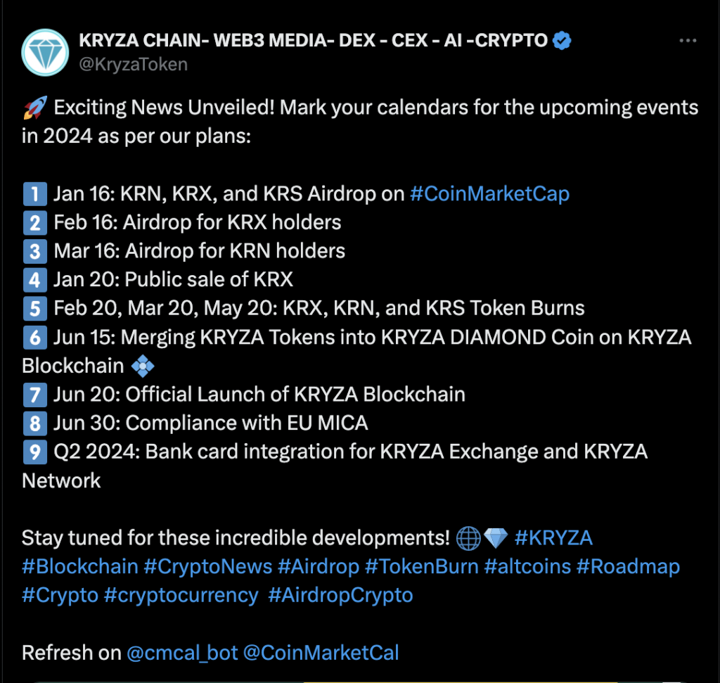 Kryza Chain roadmap tweet