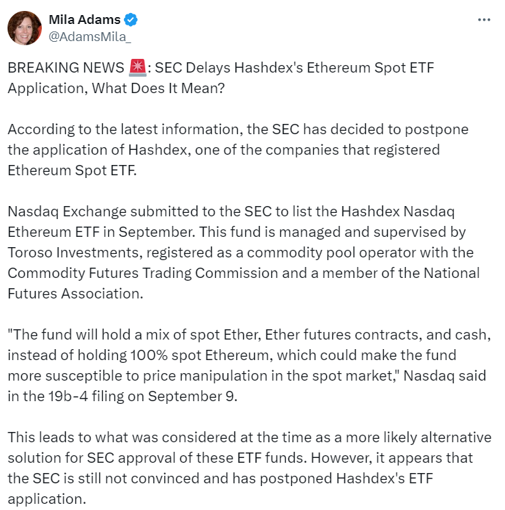 SEC's Hold on Hashdex ETF: Mila Adams Reports
