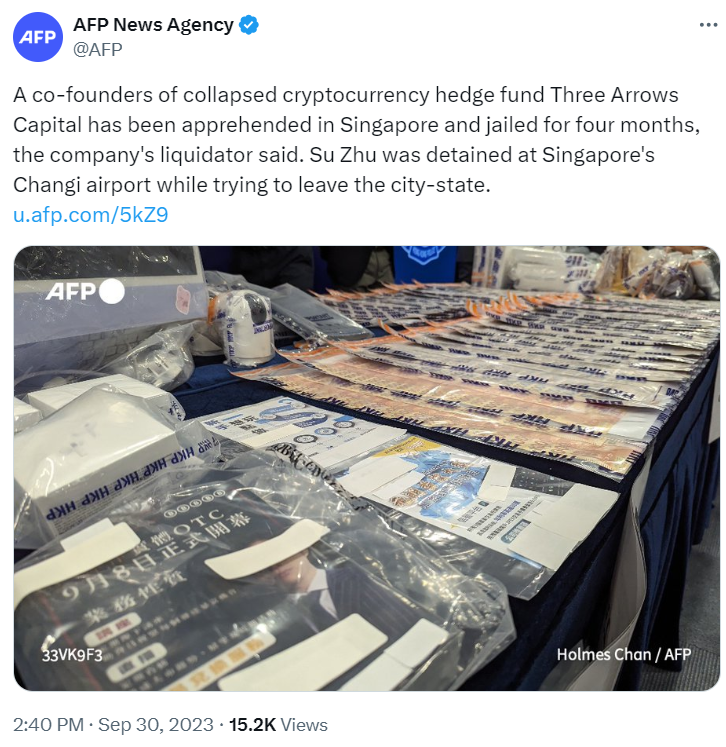 Three Arrows Co-Founder Apprehended: The Tweet from AFP News"