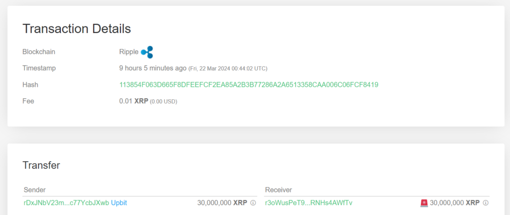 Snapshot of a $19M XRP Transfer from Upbit to Unknown Wallet
