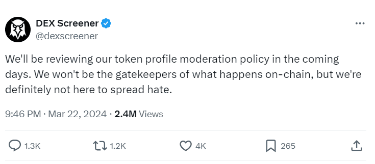 DEX Screener Commits to Non-Hateful Space - @dexscreener Tweet