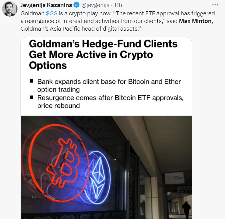 Goldman Sachs Boosts Crypto Engagement: Tweet by Jevgenijs Kazanin
