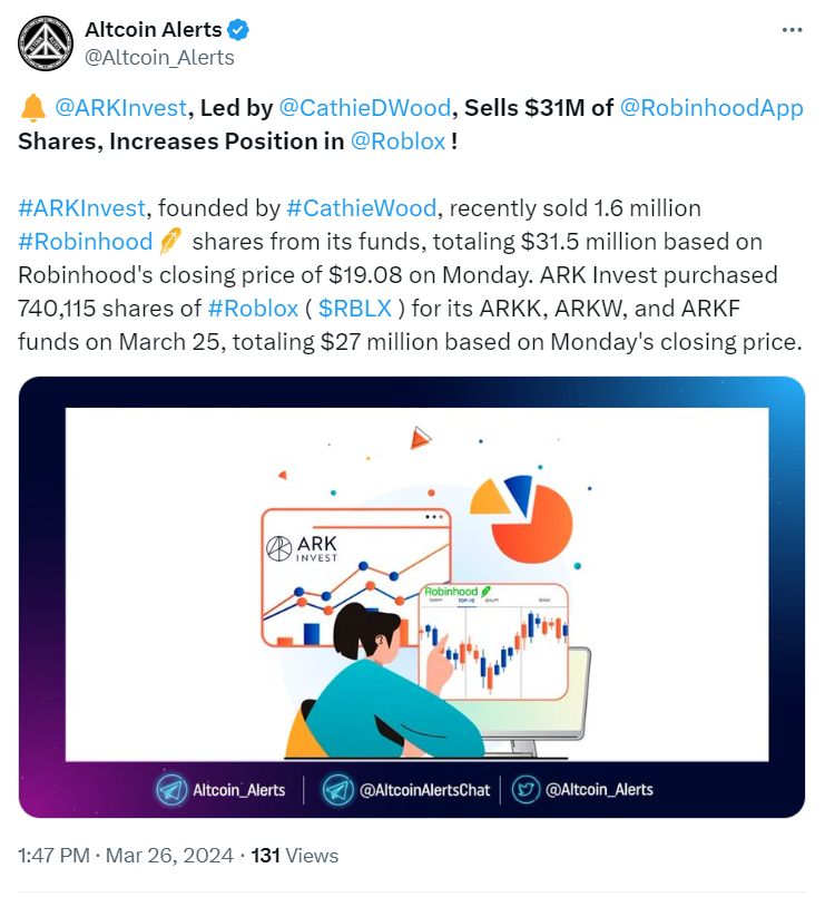 ARK's $31M Robinhood Sale, Ups Roblox Stake – Altcoin Alerts