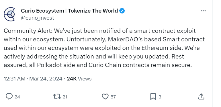 Curio Ecosystem Security Breach Alert - Twitter Update