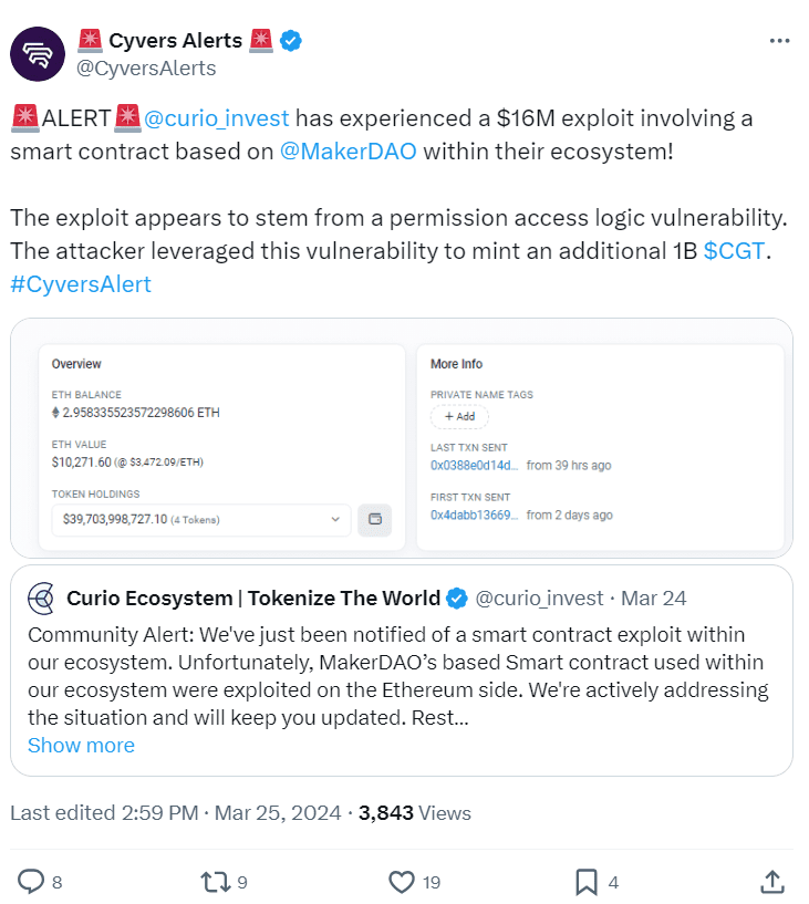 Curio's $16M Exploit Alert by Cyvers on Twitter