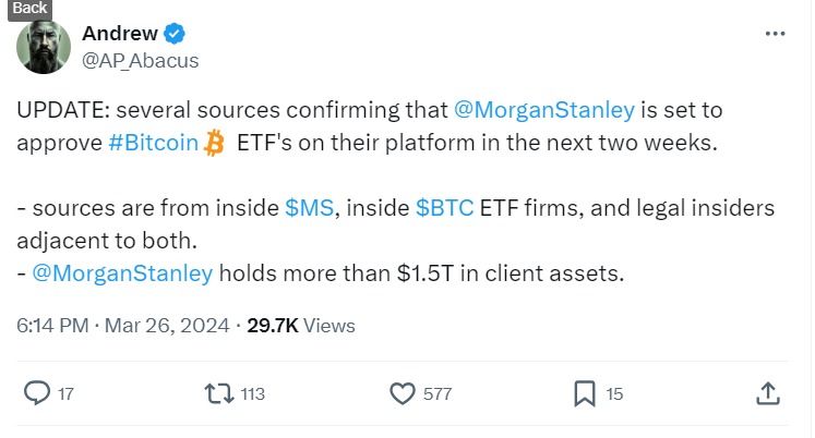 Morgan Stanley Bitcoin ETF Approval Buzz - Source: @AP_Abacus Tweet