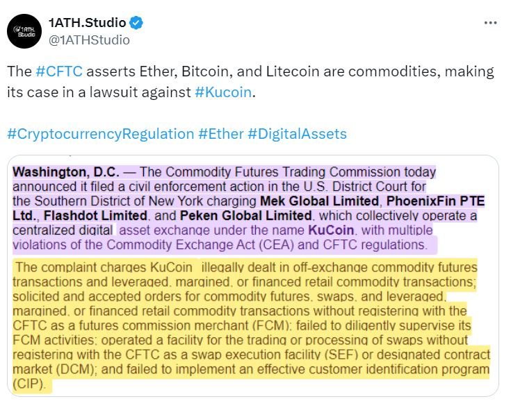
"CFTC Labels Major Cryptos as Commodities in KuCoin Case" – 1ATH.Studio Tweet