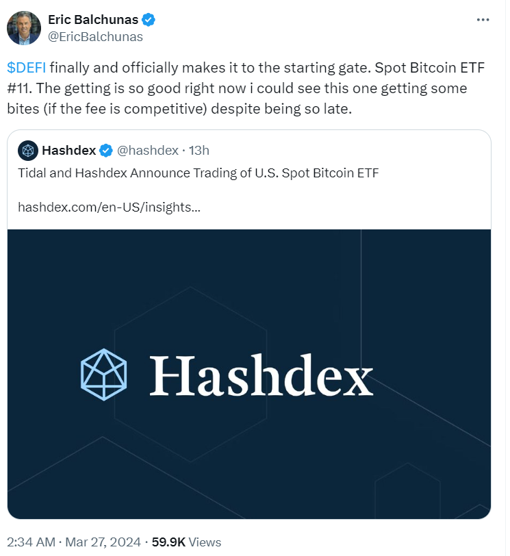 Hashdex Debuts Spot Bitcoin ETF, Claims Spot #11 — Balchunas