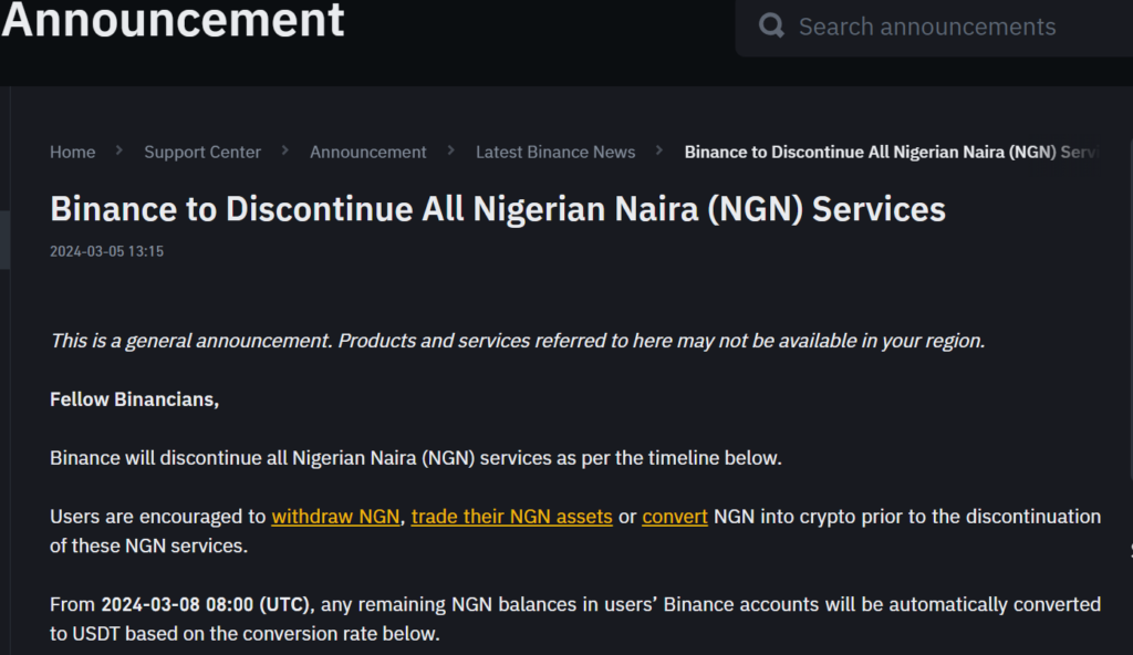 Nigerian Naira, Nigerian Naira Services Discontinued by Binance in Ongoing Battle for Control in Nigeria