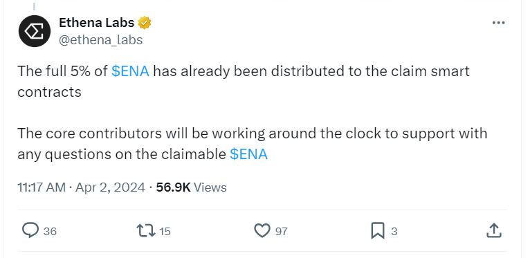 Ethena Labs' Complete Airdrop Notification - Twitter Announcement