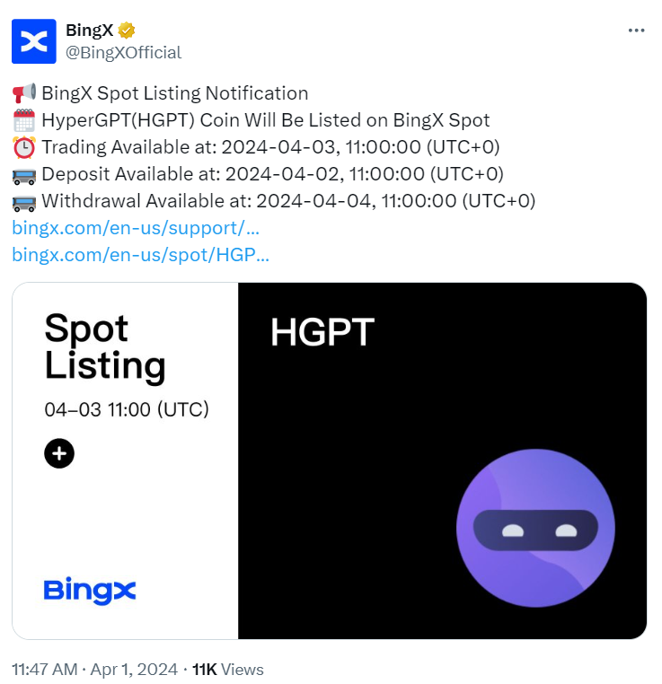 HyperGPT BingX Listing Announcement