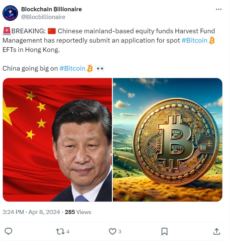 Bitcoin Ambitions: Harvest Fund's ETF Move in Hong Kong — Blockchain Billionaire Tweet