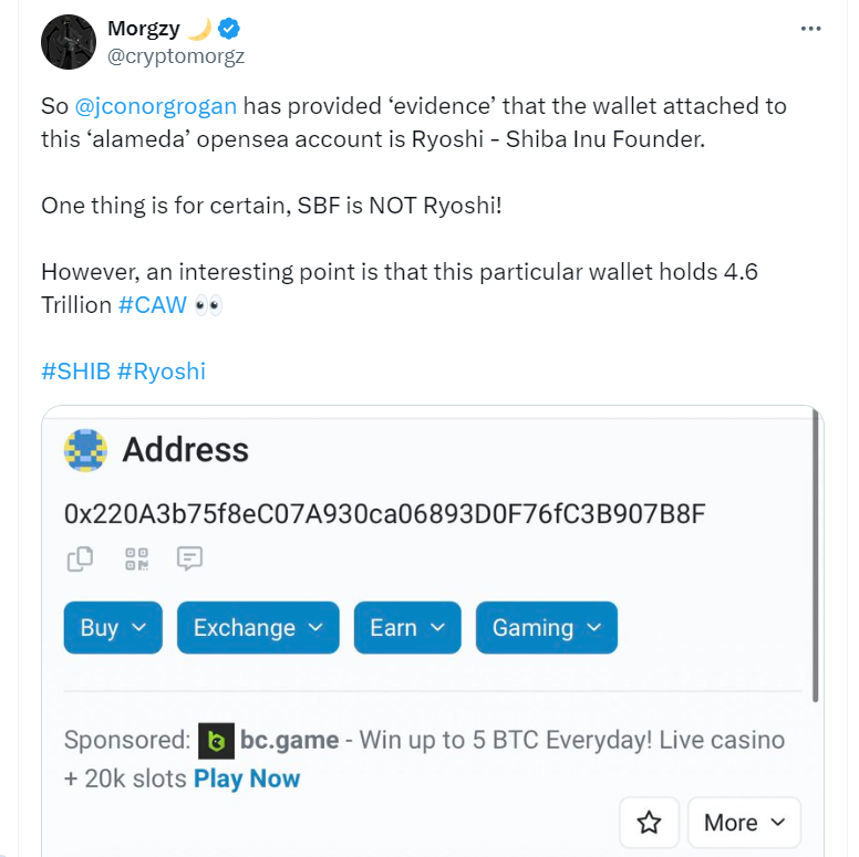 Clarifying Ryoshi's Wallet Connection - @cryptomorgz on Twitter
