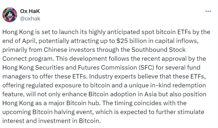 Spotlight on Bitcoin: Hong Kong ETFs to Catalyze Investment Surge – Source: @oxhak on Twitter