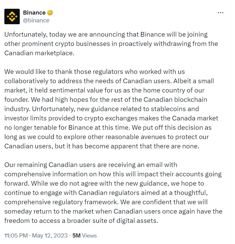Announcement of Binance's Exit from Canadian Market - Binance Official Statement
