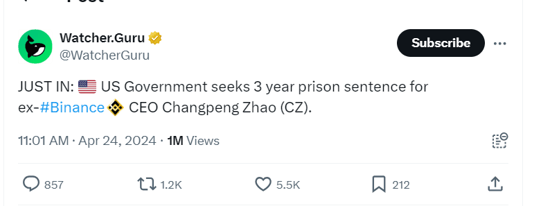 Watcher.Guru Reports on U.S. Crusade Against Former Binance CEO" - Watcher.Guru Tweet