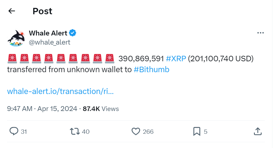 390.87 million XRP tokens whale transfer. Source: X