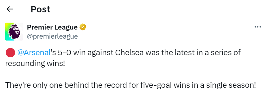 Arsenal's 5-0 win against Chelsea. Source:X