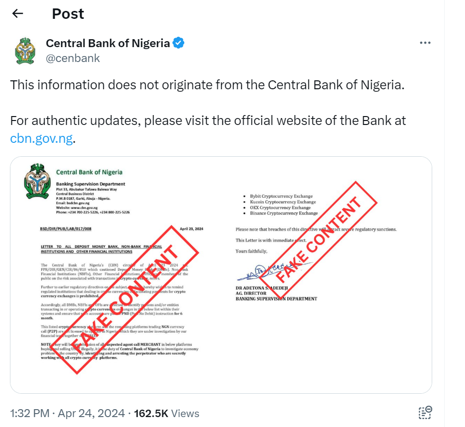 Nigeria Central Bank denies crypto freeze claims. Source: X