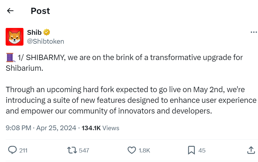Shibarium hard fork announcement
