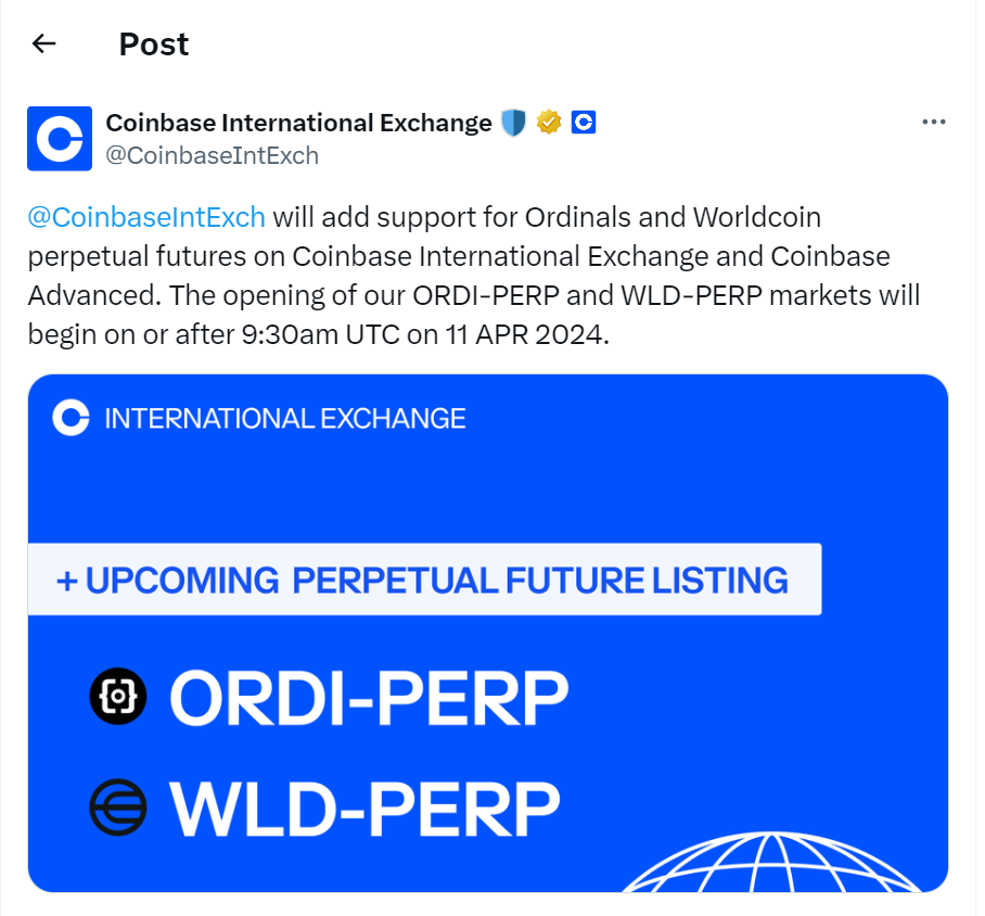 ORDI-PERP and WLD-PERP, ORDI-PERP and WLD-PERP Markets to Open on Coinbase