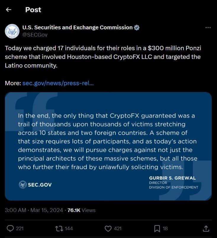 SEC Charges 17 Linked to CryptoFX in $300M Ponzi Scheme.