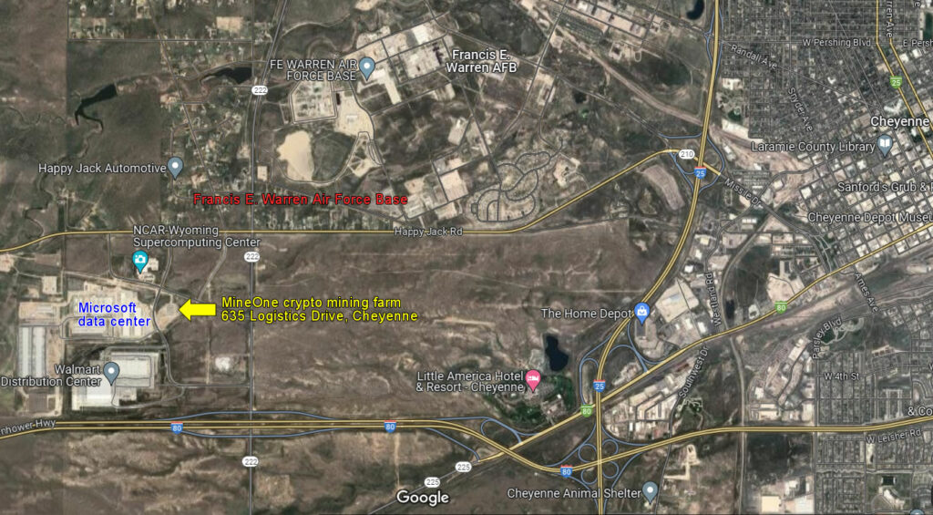 Map showing the proximity of the MinerOne site, the Francis E. Warren Air Force Base and the Microsoft data center. Source: Google Maps
