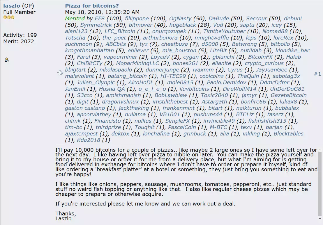 Laszlo's Pizza Request on Bitcoin Forum.