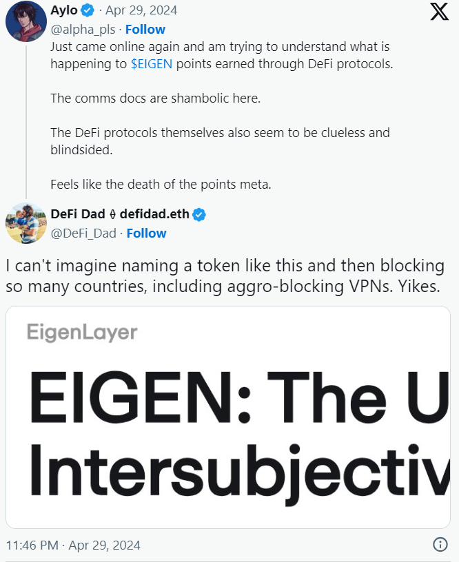 Community Concerns on EigenLayer Token Restrictions - Twitter