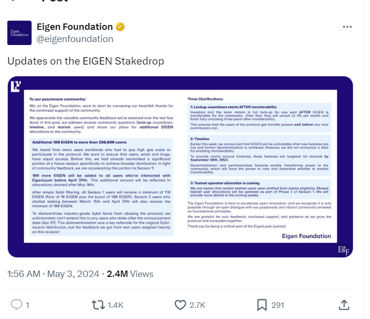 Eigen Foundation Stakedrop Update 