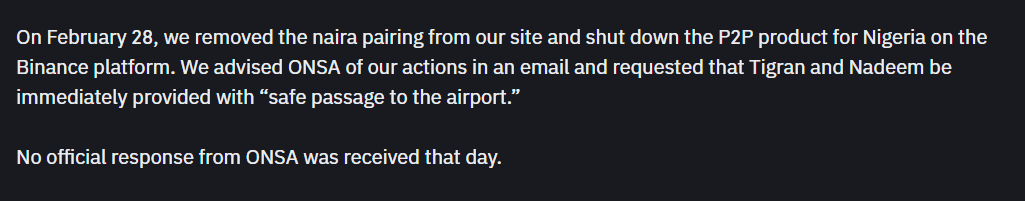 "Binance's Compliance Efforts and Request for Safe Passage"Source: Binance Blog Post by CEO Richard Teng