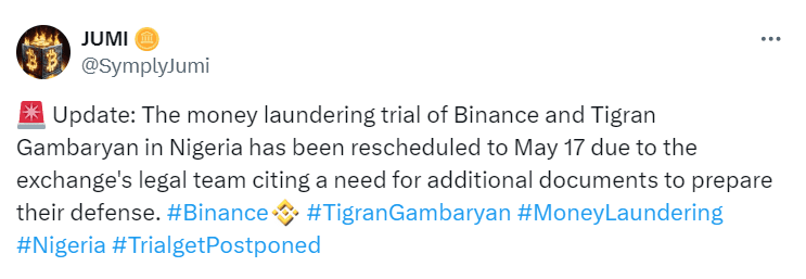 Trial Delay Announcement: Binance's Legal Strategy"Source: X