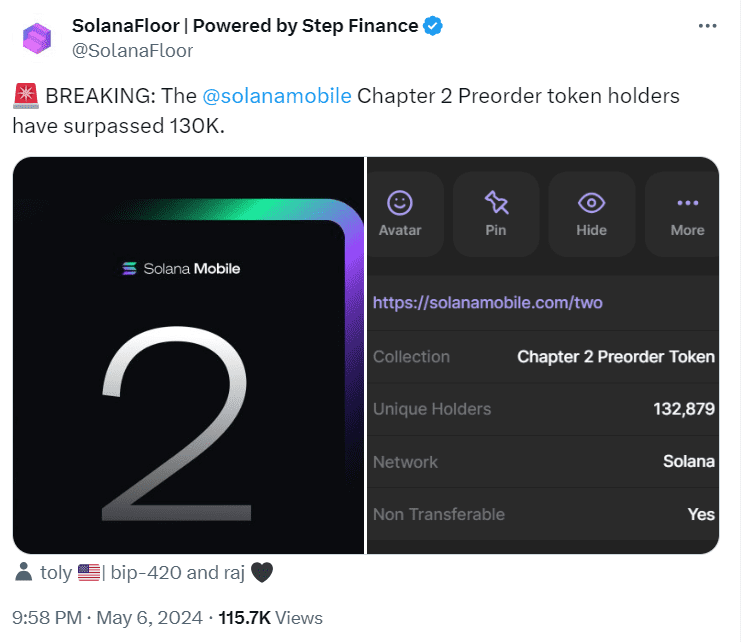Solana Mobile Chapter 2 Preorder Milestone Reached - Source: SolanaFloor on X