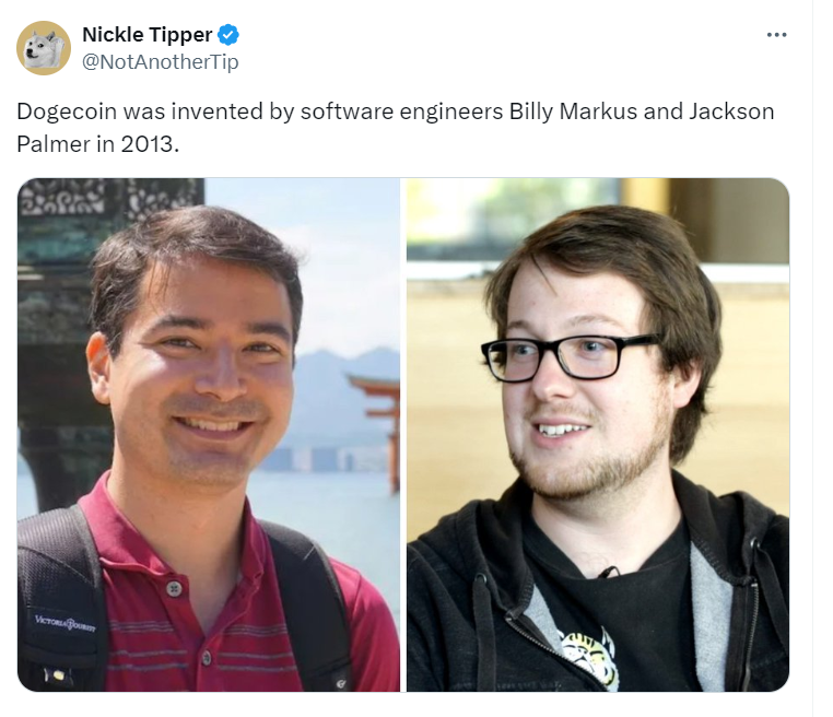 Founders of Dogecoin: Billy Markus and Jackson Palmer" - Source: Twitter @NotAnotherTip