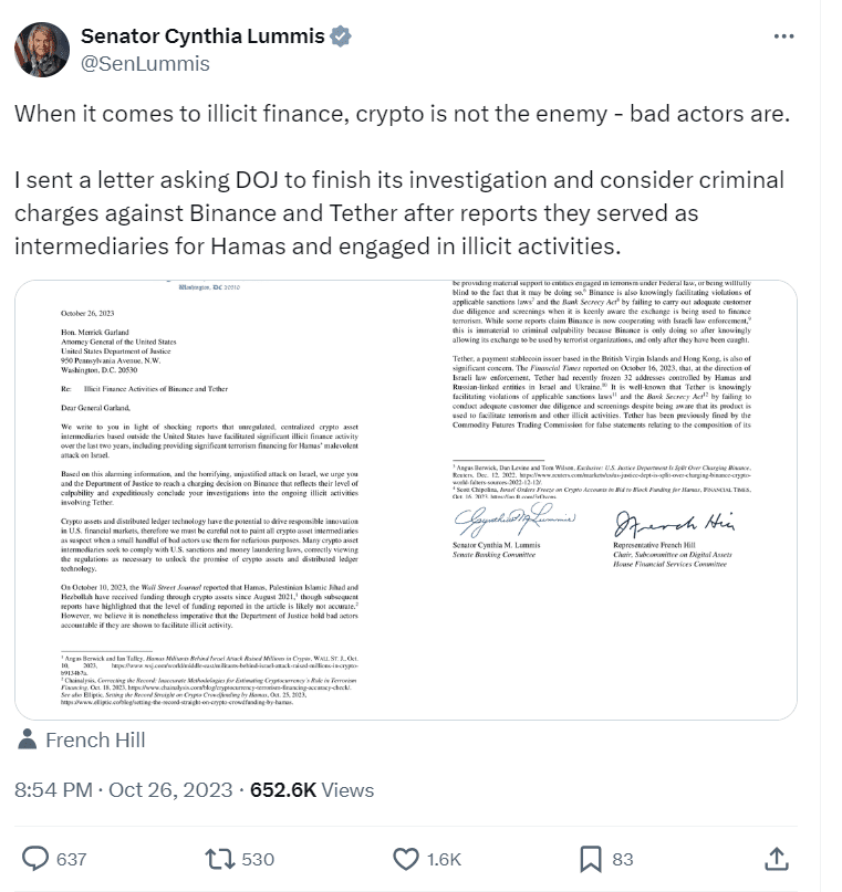 "Senator Lummis Requests DOJ Action on Crypto Misuse"
Source: Twitter post by Senator Cynthia Lummis, October 26, 2023.