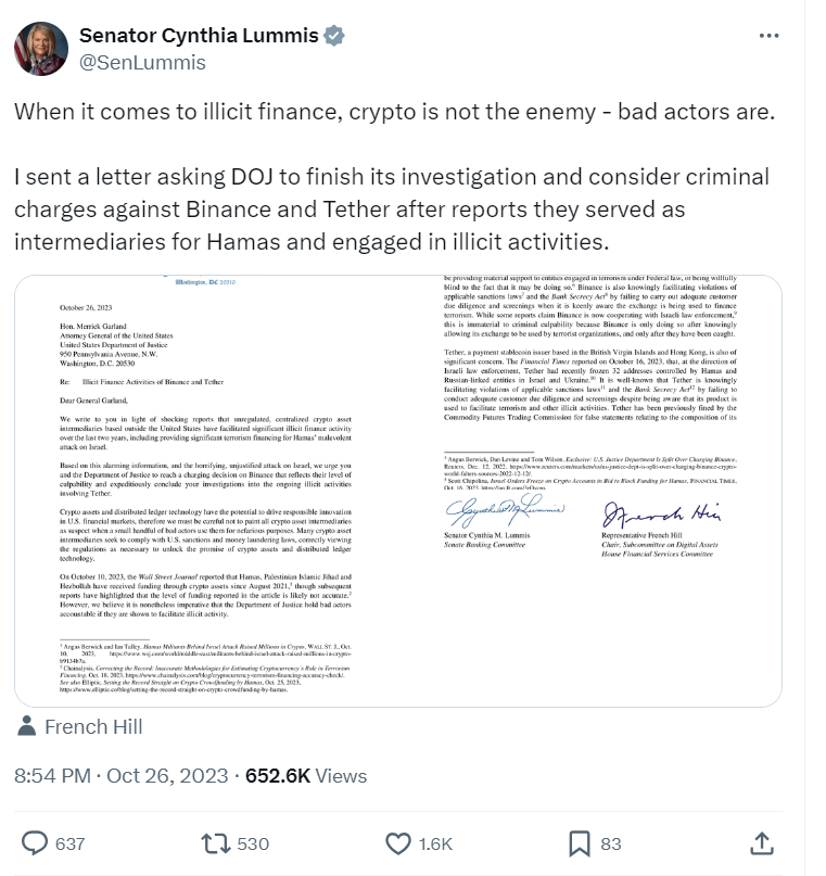 "Senator Lummis Requests DOJ Action on Crypto Misuse"

Source: Twitter post by Senator Cynthia Lummis, October 26, 2023.