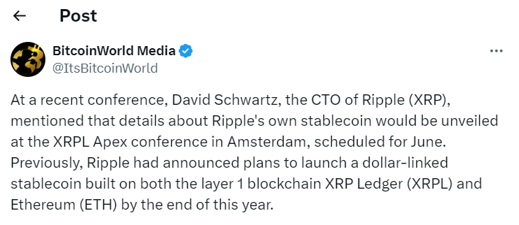 "Ripple CTO Announces Stablecoin Details at XRPL Apex"

Source: BitcoinWorld Media
