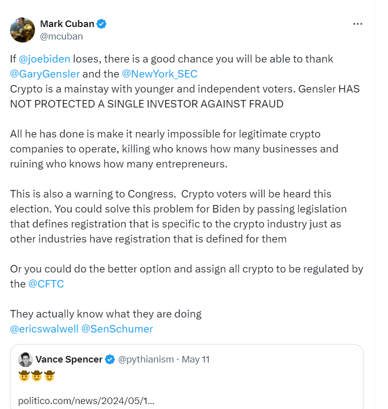 "Mark Cuban's Tweet on SEC and Crypto Regulation"

Source: Twitter @mcuban