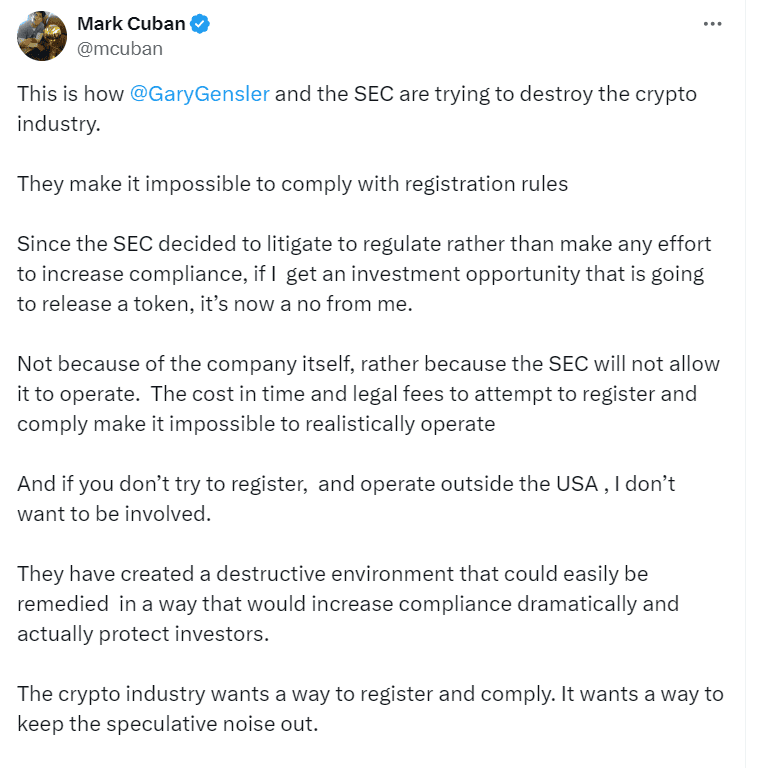 Mark Cuban Criticizes SEC's Regulatory Approach on Twitter"

Source: Twitter @mcuban