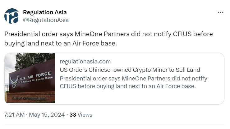 Presidential Order on MineOne Partners and CFIUS Notification
Source: Regulation Asia 
