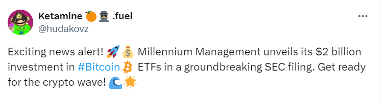 Millennium Management's $2 Billion Bitcoin ETF Investment Unveiled"
Source: @hudakovz on Twitter