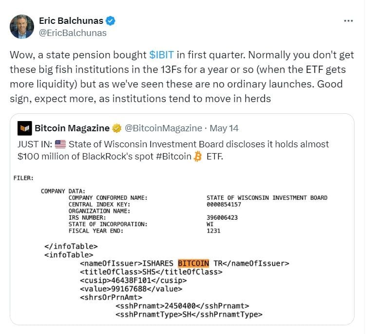 State Pension Fund Invests in Bitcoin ETF: $100M Allocation"
Source: @EricBalchunas on Twitter