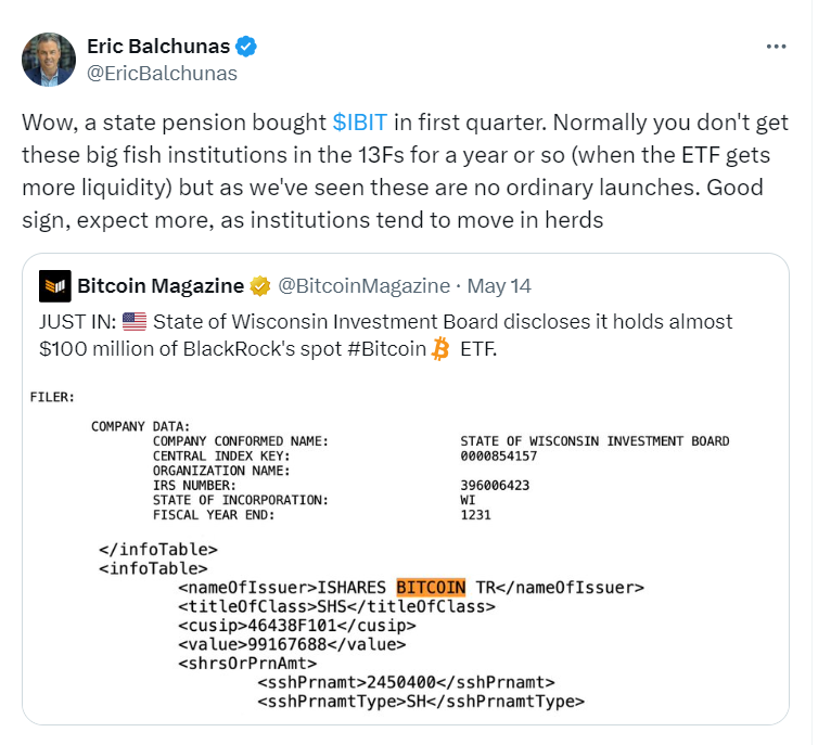 State Pension Fund Invests in Bitcoin ETF: $100M Allocation"
Source: @EricBalchunas on Twitter