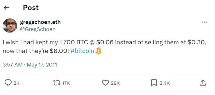 Greg Schoen's $110M Bitcoin Regret" - Source: Twitter (@GregSchoen)