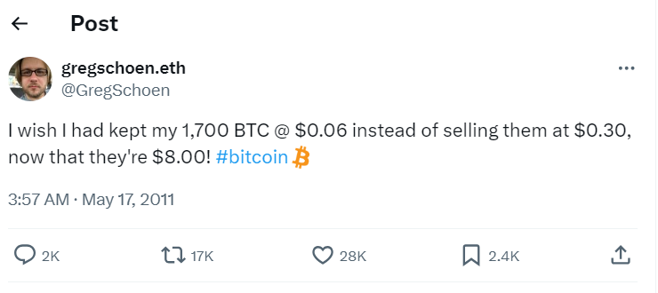 Greg Schoen's $110M Bitcoin Regret" - Source: Twitter (@GregSchoen)